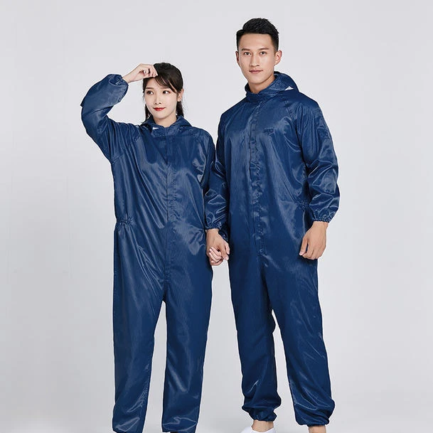 防静电连体工作服无尘衣带帽男女静电防护服喷漆服白色蓝色防尘服