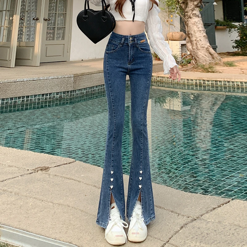 开叉牛仔裤女春秋季新款高腰修身显瘦加长拖地马蹄微喇叭裤子弹力