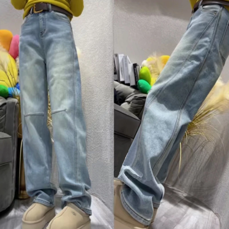 2024冬季加绒款大码女装宽松阔腿牛仔裤梨形身材显瘦弯刀拖地长裤