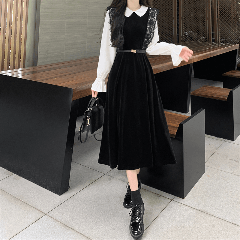 2023年秋冬新款法式高级感优雅收腰显瘦衬衫拼接蕾丝假俩件连衣裙