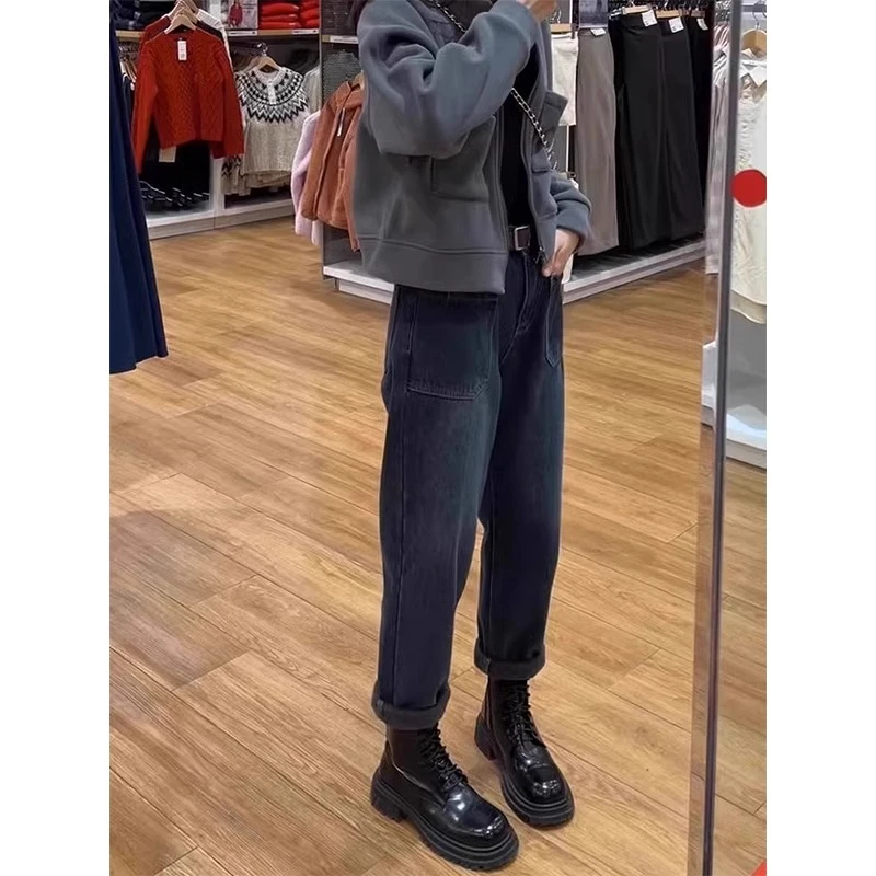 2024秋冬款梨形身材大口袋复古哈伦牛仔裤显瘦胖妹妹弹力老爹裤子