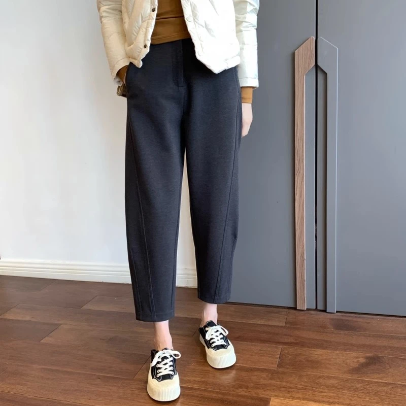 梨形身材加绒哈伦毛呢裤女秋冬款大码胖妹妹mm显瘦九分萝卜奶奶裤