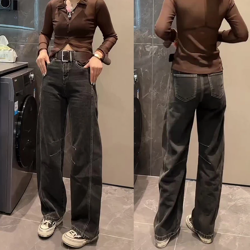 2024秋新款大码女装宽松弯刀牛仔裤梨形身材显瘦设计感拖地阔腿裤