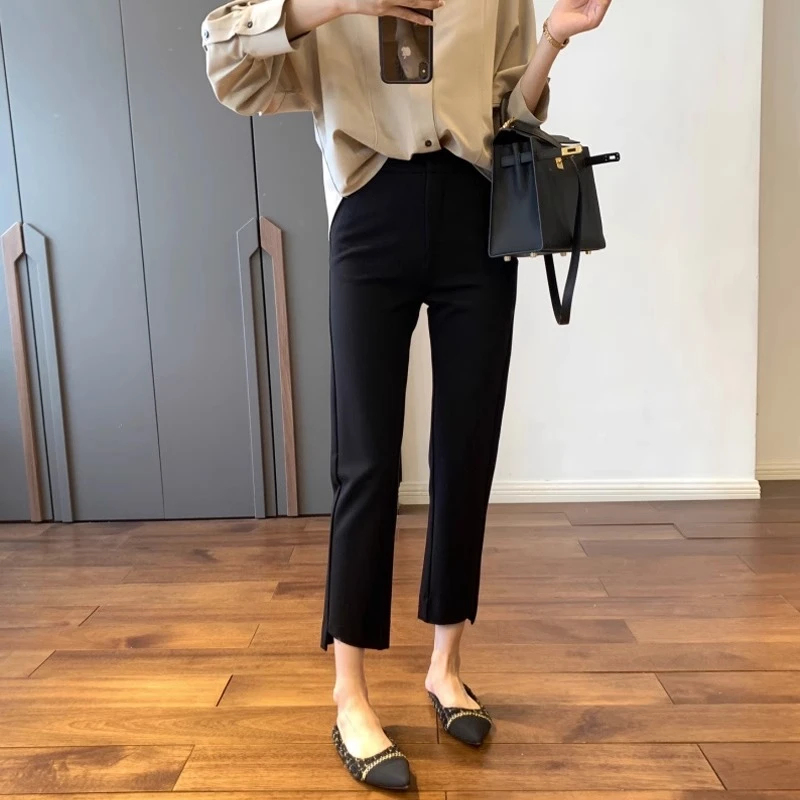 大码胖妹妹直筒开叉弹力西装裤女秋款梨形身材显瘦九分烟管小黑裤