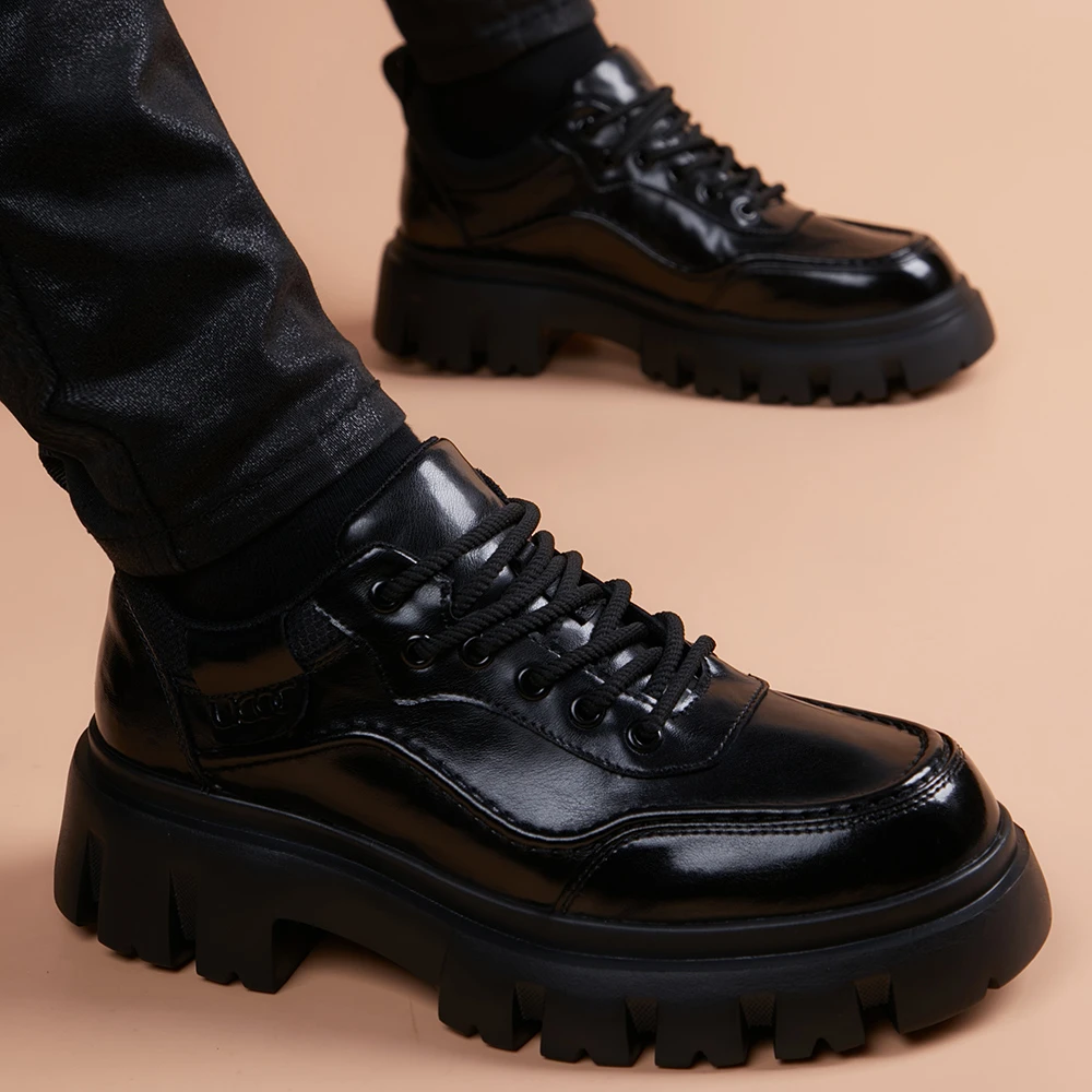 厚底休闲皮鞋男款真皮轻便发泡底运动风休闲鞋韩版潮英伦系带男鞋