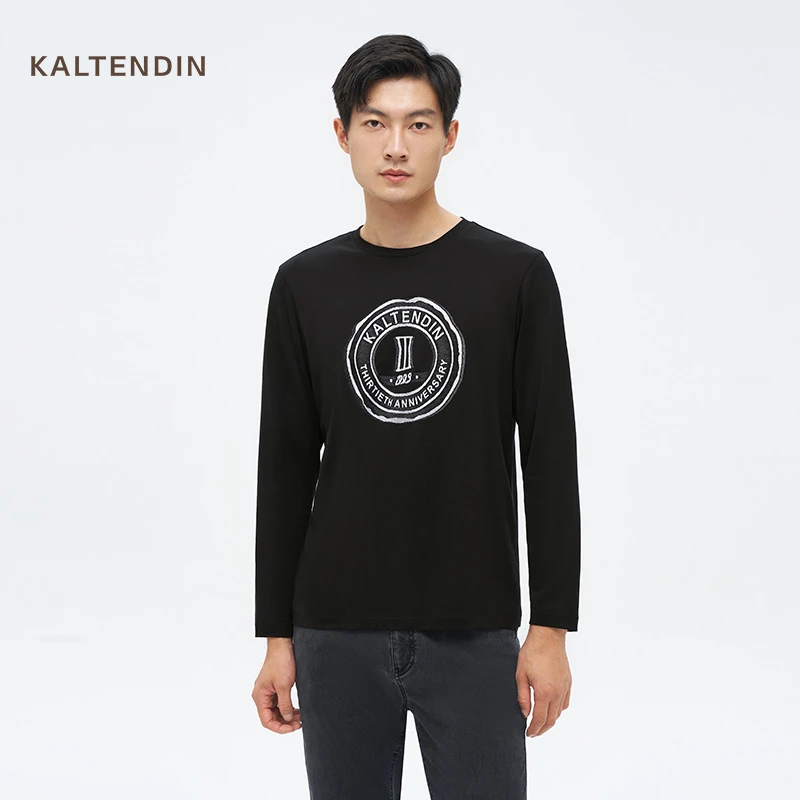 卡尔丹顿春季新品男士简约休闲长袖T恤黑色圆领上衣KDCS20500RA