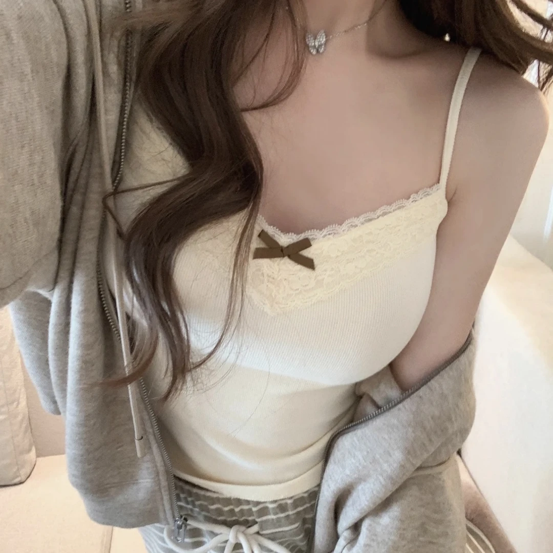 纯欲蕾丝花边灰色吊带背心女带胸垫内搭外穿短款修身设计感小众女