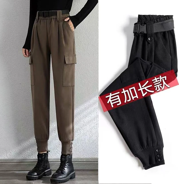 加长毛呢工装裤女秋冬加绒加厚高腰显瘦小个束脚哈伦高个子休闲裤