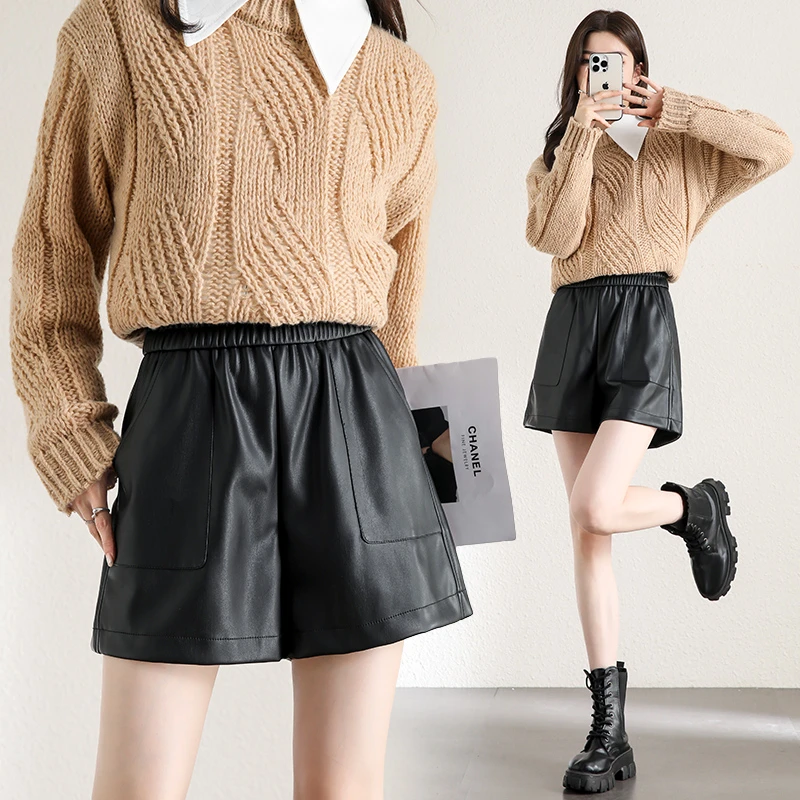 百搭款皮短裤女秋冬新款宽松显瘦休闲阔腿短裤高腰外穿打底靴裤