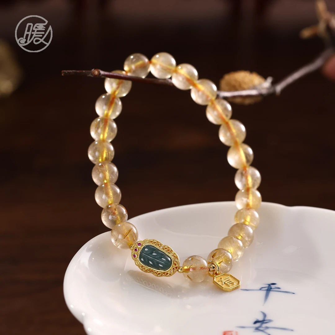 单圈黄发晶水晶手串7mm搭配叶子配饰手链E3691多样性发颜色微差