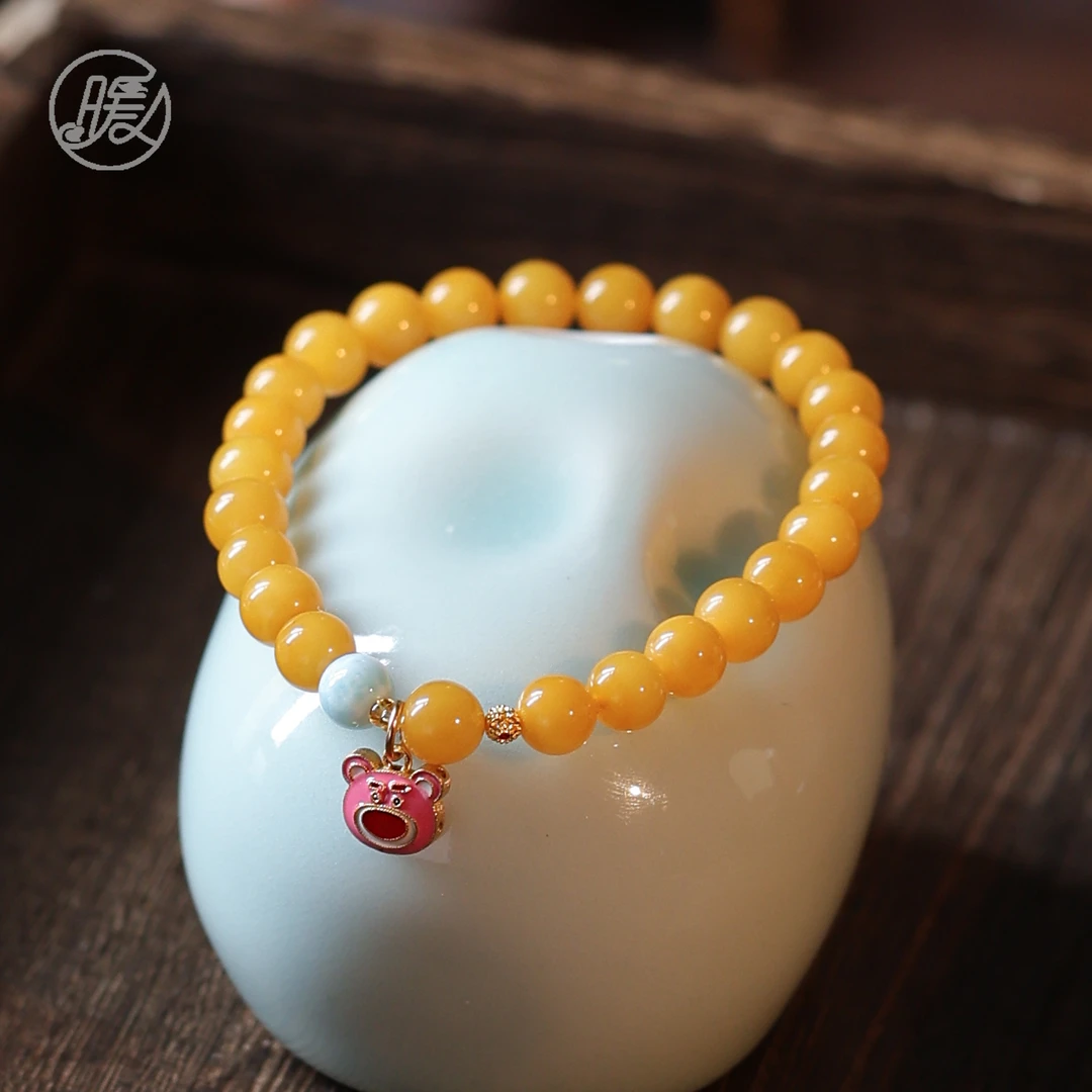 单圈琥珀蜜蜡手串6mm搭配草莓熊吊坠手链E3985多样性发一