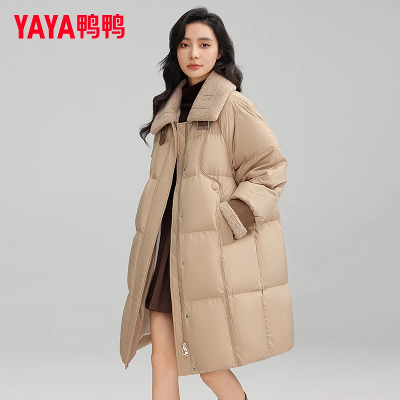 YAYA/鸭鸭正品加厚羽绒服女中长款连帽2024冬季新款大牌休闲外套