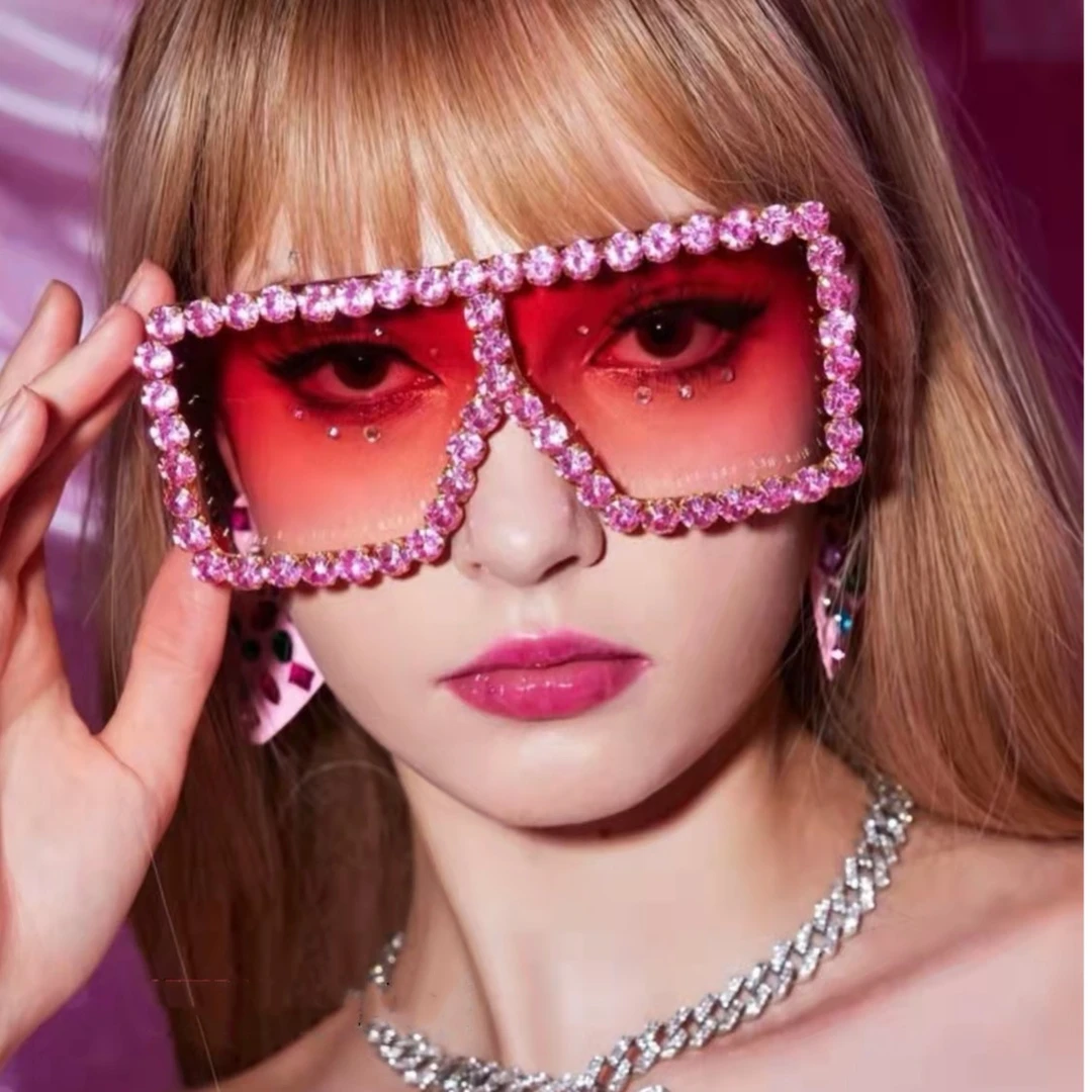 欧美四方大框方形太阳镜网红个性手工镶钻大脸圆脸墨镜女生日眼镜