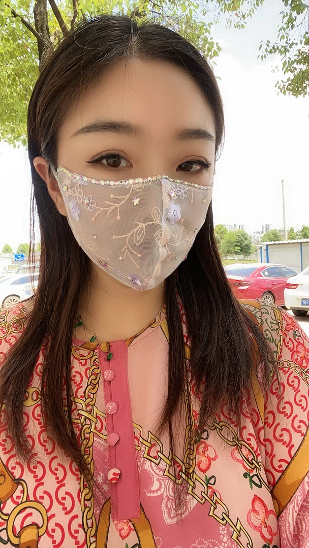 女夏季透气防晒口罩耳带可调节时尚网红同款网纱绣花蕾丝亮砖口罩