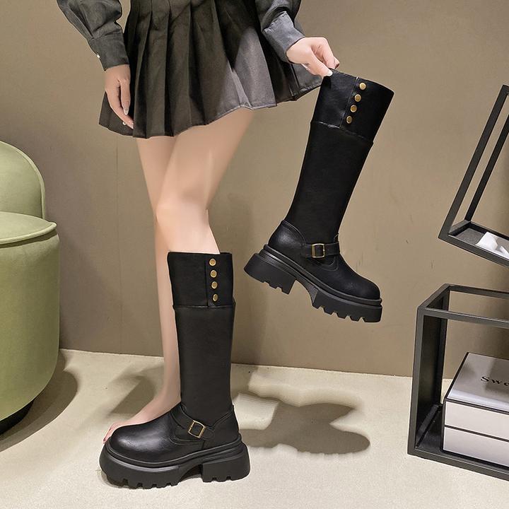 小个子厚底增高长筒靴女2024秋冬季新款中筒复古英伦风显瘦骑士靴