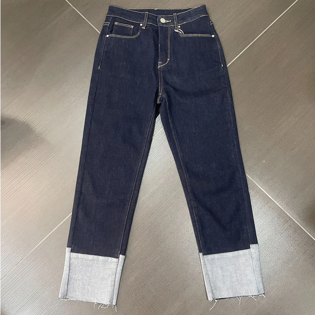 【YX6806】翻边撞色九分牛仔裤