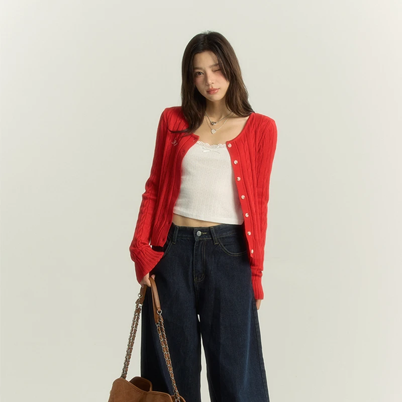 【直播专属】insliisa秋冬新款红色麻花针织开衫学院风复古针织上衣