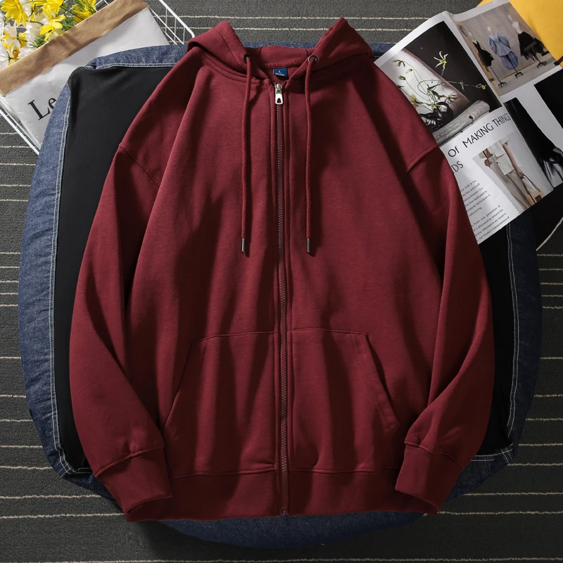 2025潮款拉链连帽开襟卫衣男生枣红色秋季戴帽子暗红色外套男重磅