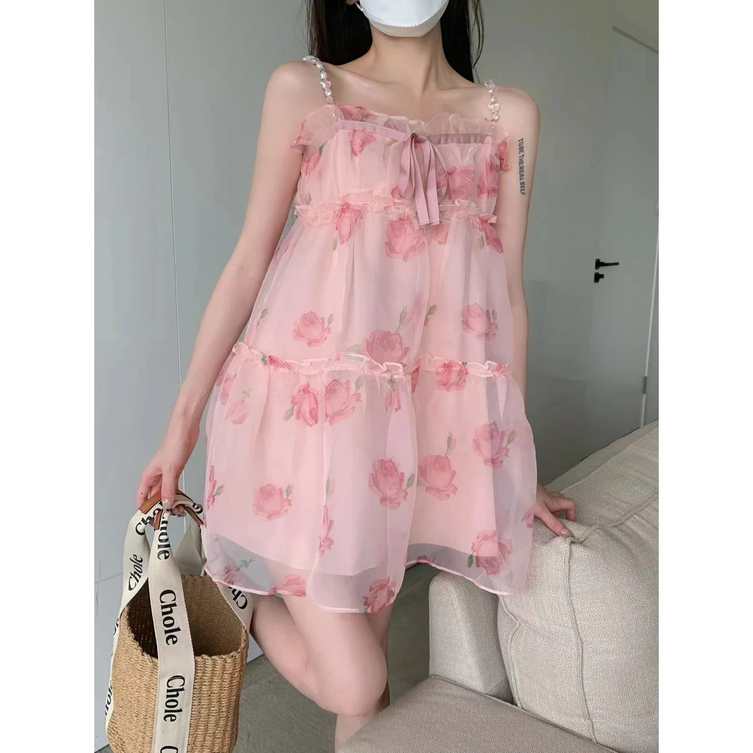 实拍 银河玫瑰欧根纱蓬蓬娃娃裙女夏气质超仙吊带