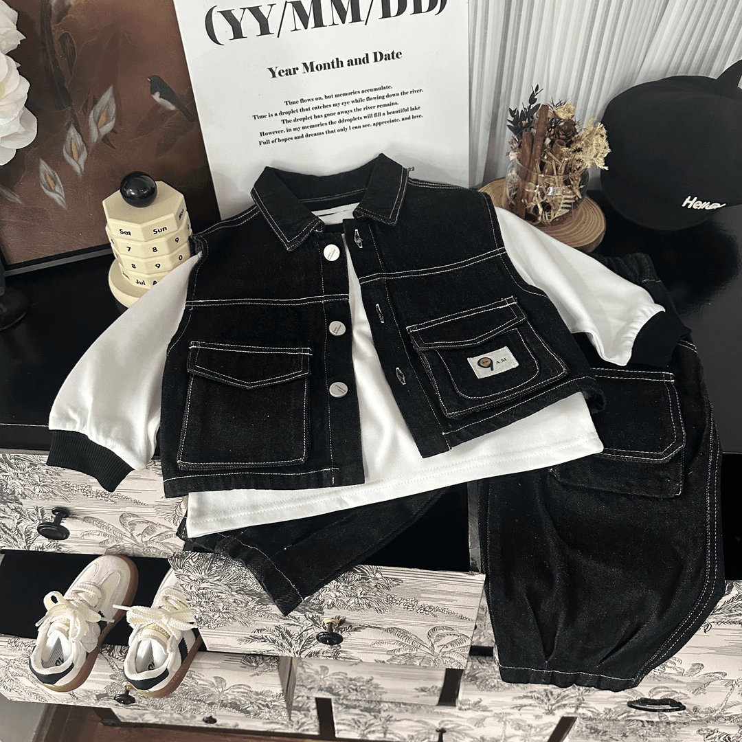 2024新款儿童牛仔马甲三件套柔软长袖T恤24A22