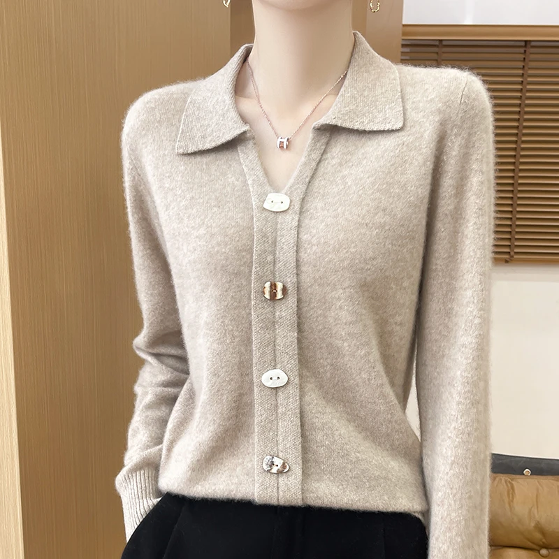 2024新款POLO翻领100纯羊毛长袖针织开衫上衣外穿毛衣修身外套