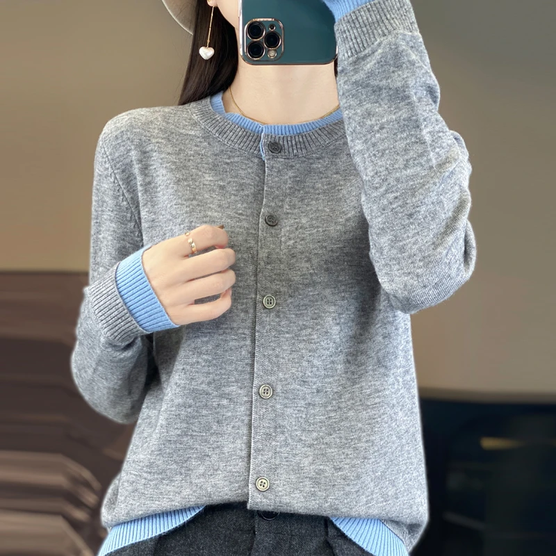 假两件安迪绒针织开衫女撞色圆领毛衣外搭春秋新款百搭外套413