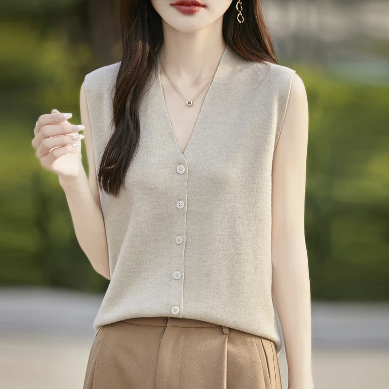 马甲精纺 羊毛针织无袖背心女薄款V领开衫宽松设计感显瘦坎肩461