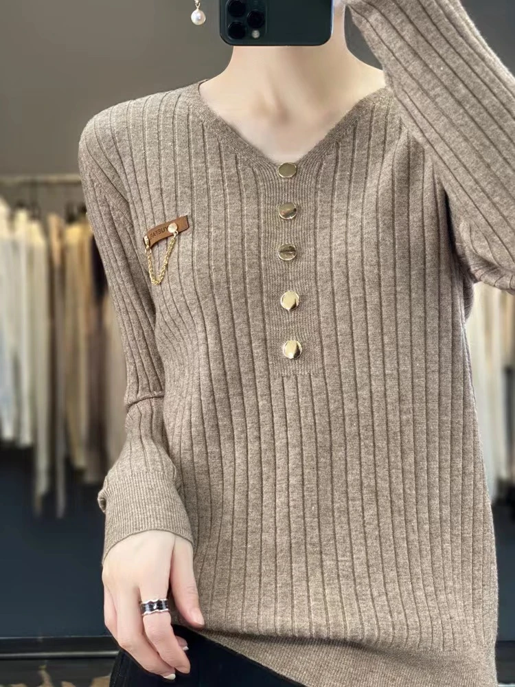 秋冬新款针织衫V领毛衫坑条款式显瘦套头长袖毛衣 NJR307