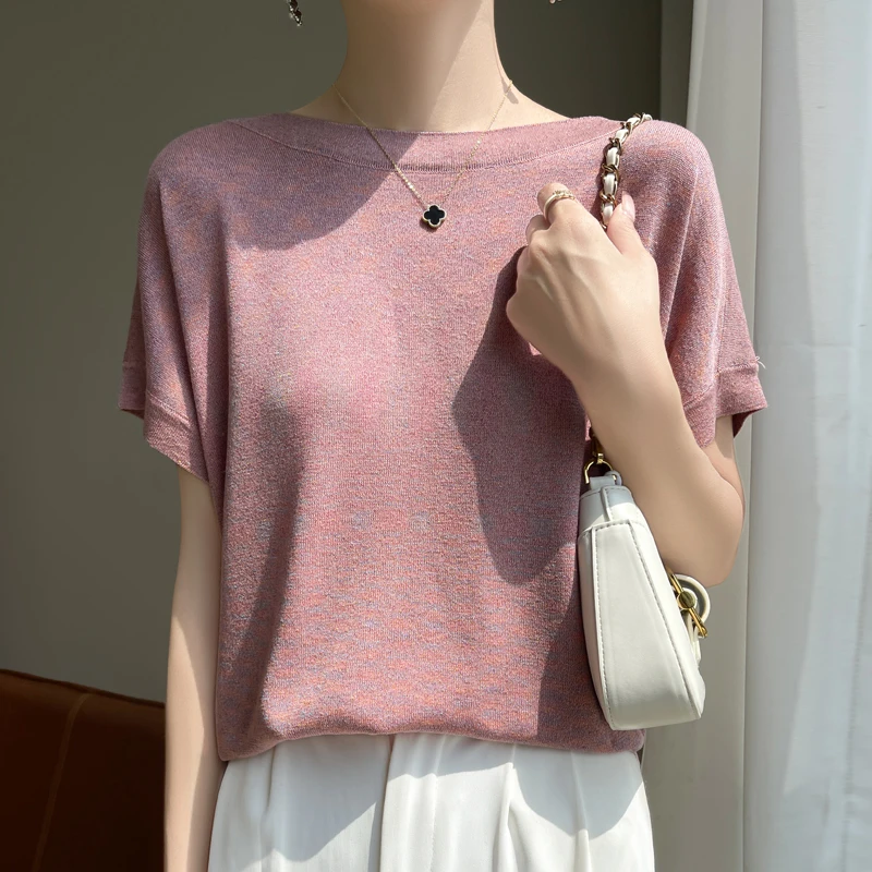 [律动莫兰迪]新款天丝拼金线一字领短袖气质显瘦宽松423