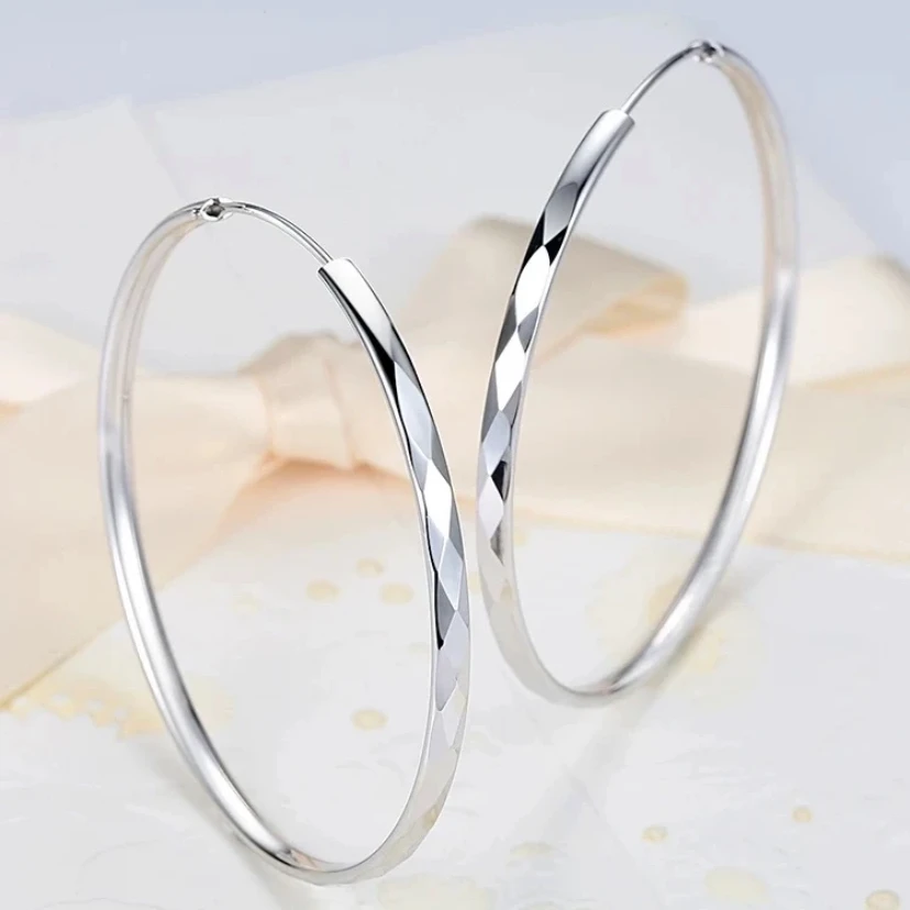 足银耳饰 足银999菱形镜面闪亮气大耳圈  时尚欧美气质百搭女款