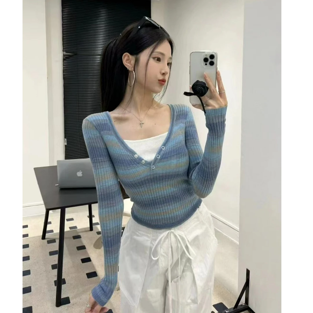 韩系辣妹撞色条纹拼接假两件针织衫秋季新款方领紧身短款洋气小衫