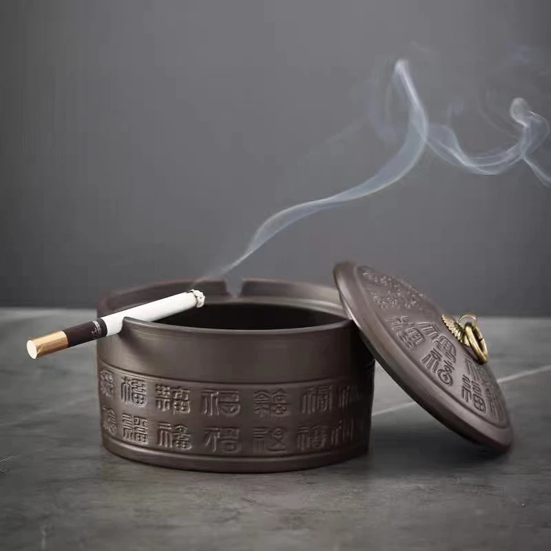 紫砂烟灰缸带盖百福复古高档上档次创意酒店家用客厅茶几防飞灰缸