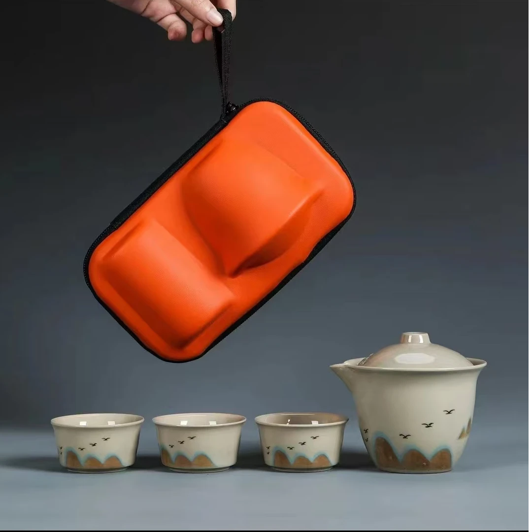 懒人便捷式快客旅行盖碗三杯橙色旅行包茶具套组