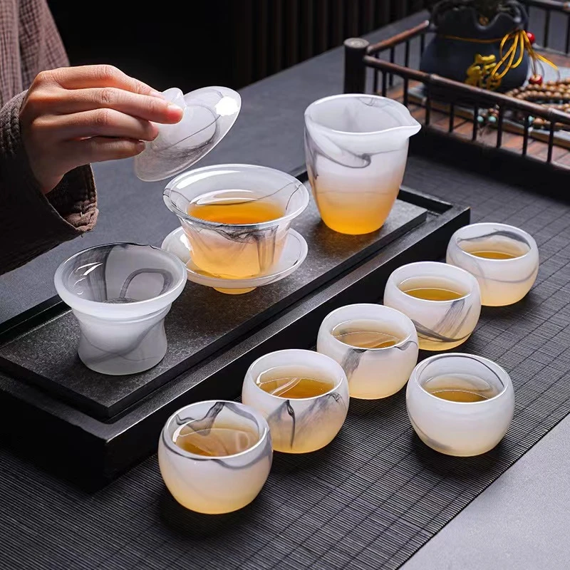 高档汉白玉轻奢水墨琉璃盖碗茶具套装功夫茶具五大名器之首礼盒装