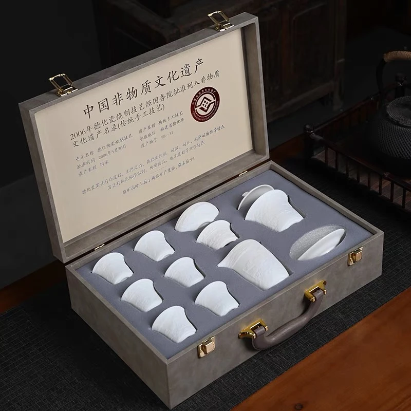 无礼盒清明上河图素烧浮雕羊脂白玉陶瓷三才盖碗套装家用办公送礼