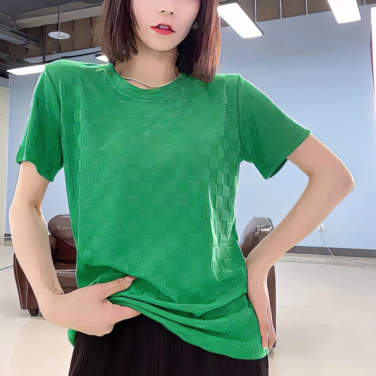 【非粉丝不能拍】2023大码女装夏季新款圆领棋盘格宽松纯色短袖