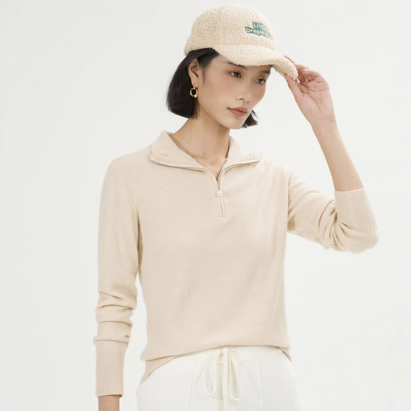 J804珍珠拉链立领羊绒衫女士针织衫24秋冬新款时尚打底衫百搭纯色