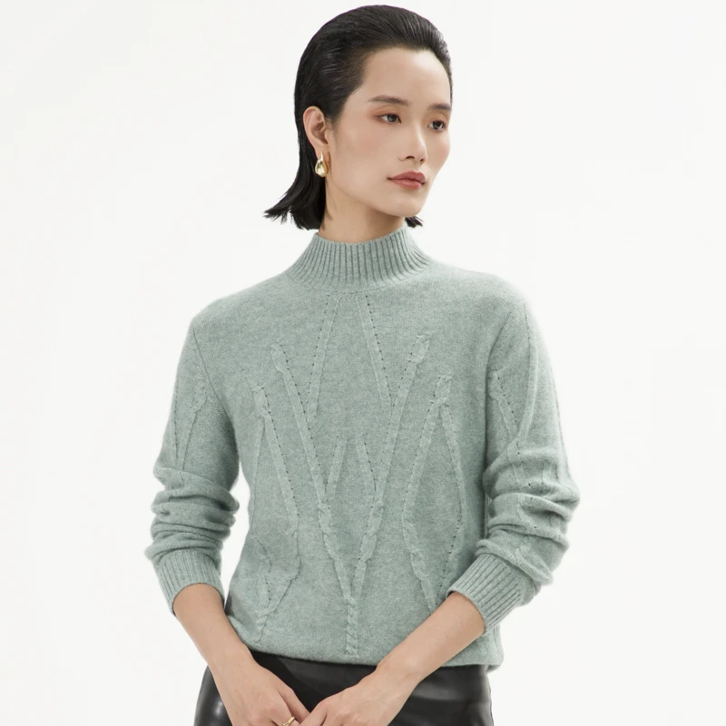 J810七针挑孔绞花半高领保暖羊绒衫女士针织衫纯色24秋冬新款宽松