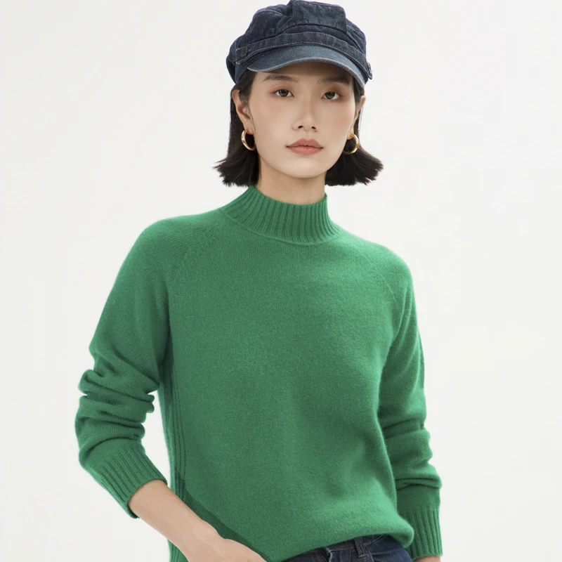 J608无缝一线成衣插肩半高领羊绒衫女针织衫百搭简约秋冬新款舒适