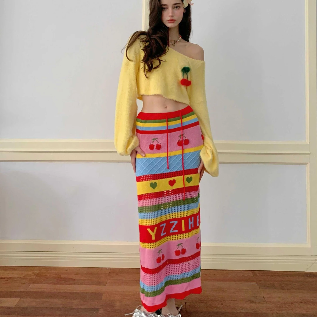 【小呆鸟粉丝专属】YZZI HE秋冬彩色针织半身长裙一字肩毛衣套装