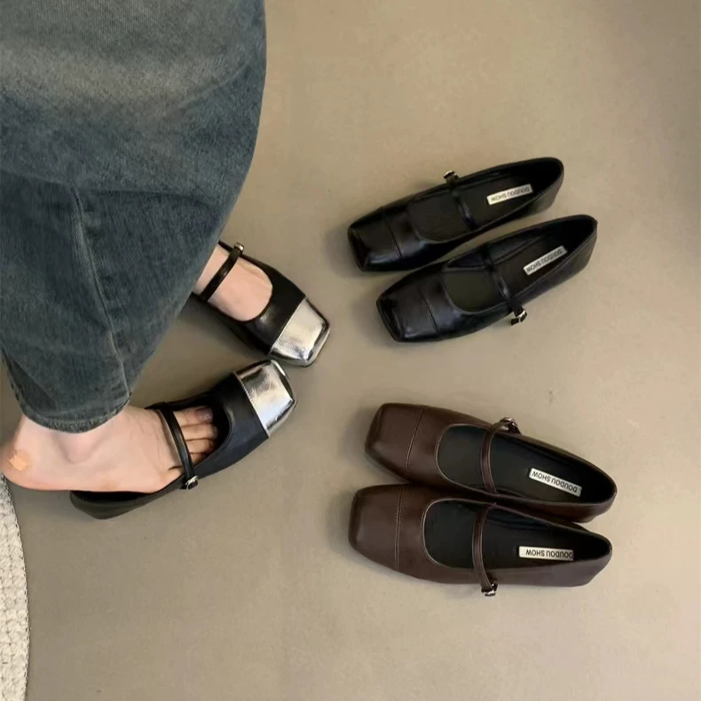 法式春夏百搭软底低跟舒适单鞋女2024新款仙女通勤方头浅口玛丽珍