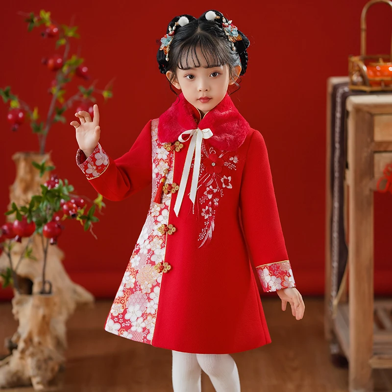 S1109款加厚女童外套冬装喜庆小女孩拜年服唐装国风儿童夹棉外衣