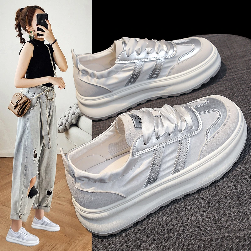 厚底松糕绸缎冰丝2024网红夏季德训鞋百搭薄款气质ins韩版小白鞋