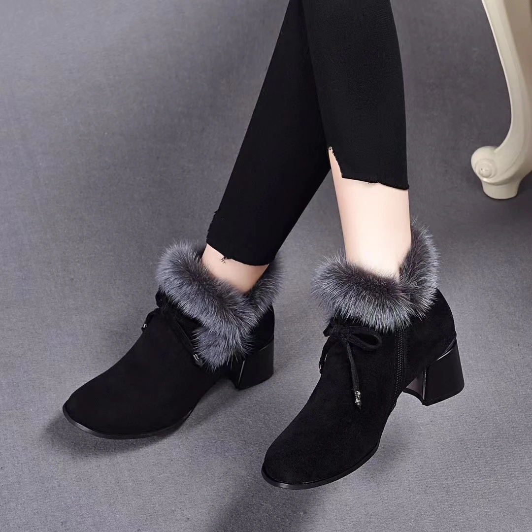 羊皮圆头粗跟水貂毛短靴女2023年秋冬季新款时尚百搭前蝴蝶结裸靴