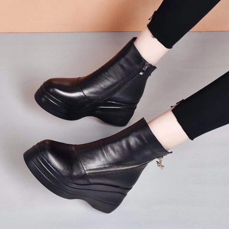 真皮圆头松糕底短靴女2023年秋冬季新款加绒时尚百搭保暖防水裸靴