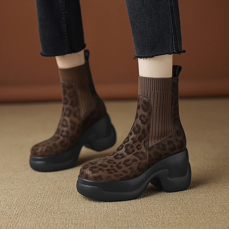 8.0厘米跟高时尚高跟厚底豹纹短靴女粗跟头层牛皮马丁靴秋冬新款