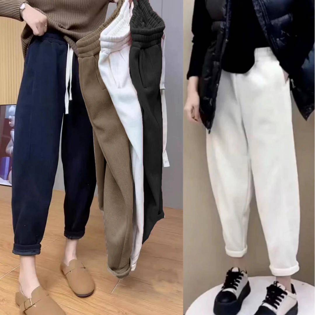 加绒加厚秋冬新款2025韩版高腰宽松显瘦垂感奶奶裤哈伦萝卜裤女