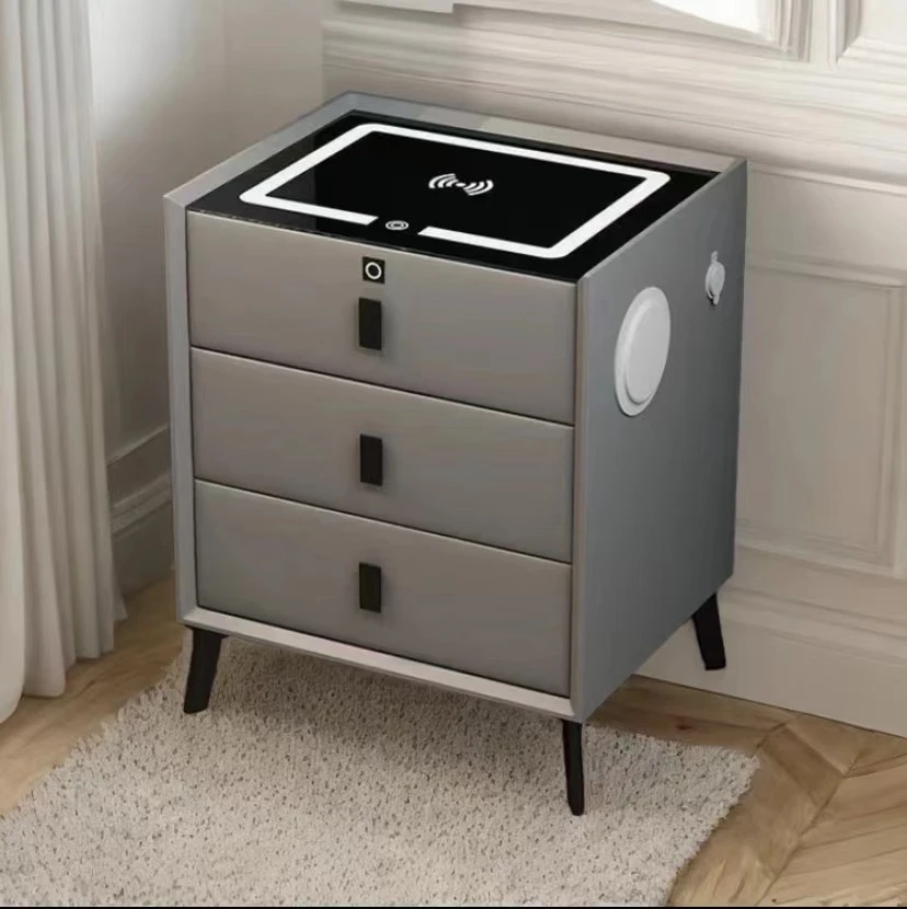 智能实木现代简约床头柜多功能三色灯无线充蓝牙音响指纹锁床边柜