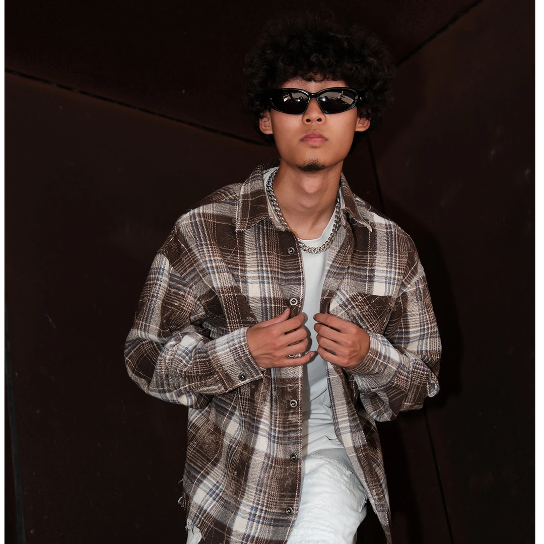 LILWET 2024AW 美式街头做旧 格子 流苏 休闲 复古百搭高级感衬衫