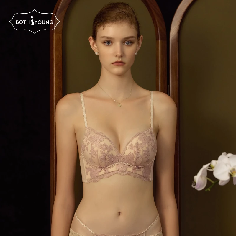 【邂逅厚款】宝诗嫣新款法式蕾丝上薄下厚款小胸内衣套装文胸B2W005